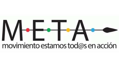 Logo de META. Representado por la palabra META en letras negras y mayúsculas, lo atraviesa una flecha y por debajo aparece "Movimiento estamos tod@s en acción"