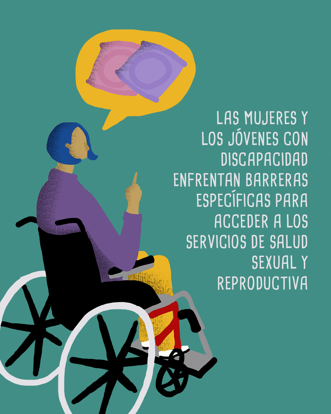 Ilustración de una persona con discapacidad motora, hablando sobre condones. Un texto que dice, las mujeres y jóvenes con discapacidad enfrentan barreras específicas para acceder a os servicios de salud sexual y reproductiva.