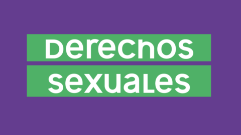 En la imagen se observa el texto “Derechos sexuales” en letra blanca subrayada en color verde, sobre fondo violeta. Debajo, el logo de Igual que tú.